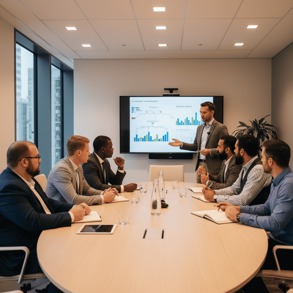  Managers attending a leadership development training session in a modern classroom. 